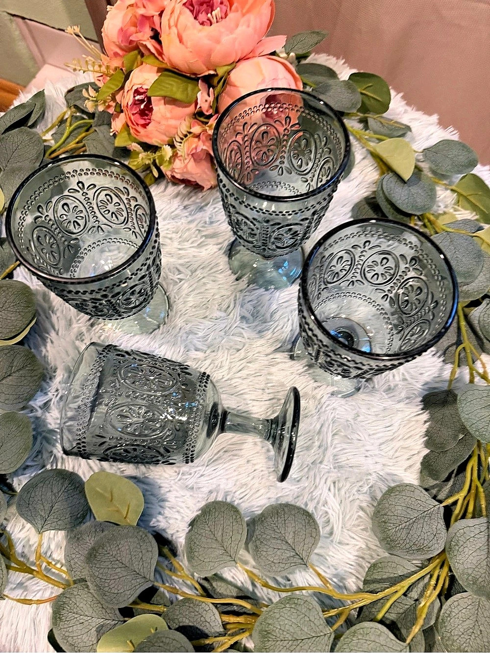 Set of 4 Embossed Green Goblets